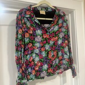 Elie Tahari Pink and Black Graphic Blouse with Notched Collar